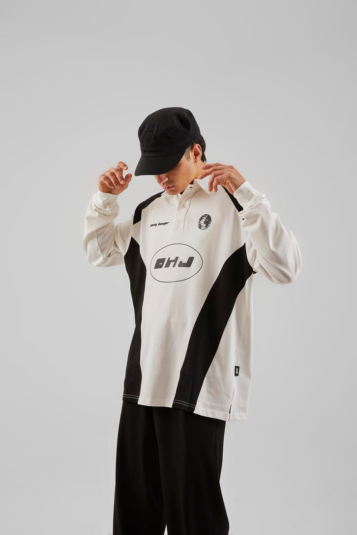 Ohj Baskılı Polo Yaka Beyaz Long Sleeve Tişört