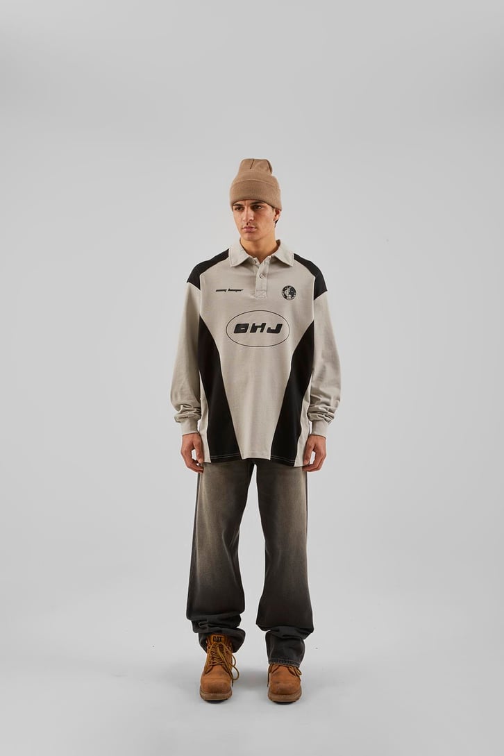 Ohj Baskılı Polo Yaka Buz Gri Long Sleeve Tişört