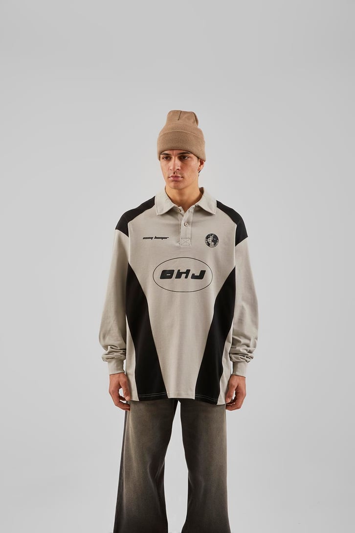 Ohj Baskılı Polo Yaka Buz Gri Long Sleeve Tişört