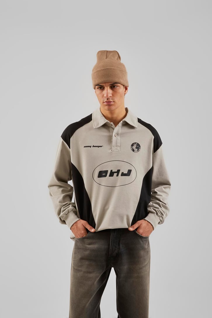 Ohj Baskılı Polo Yaka Buz Gri Long Sleeve Tişört