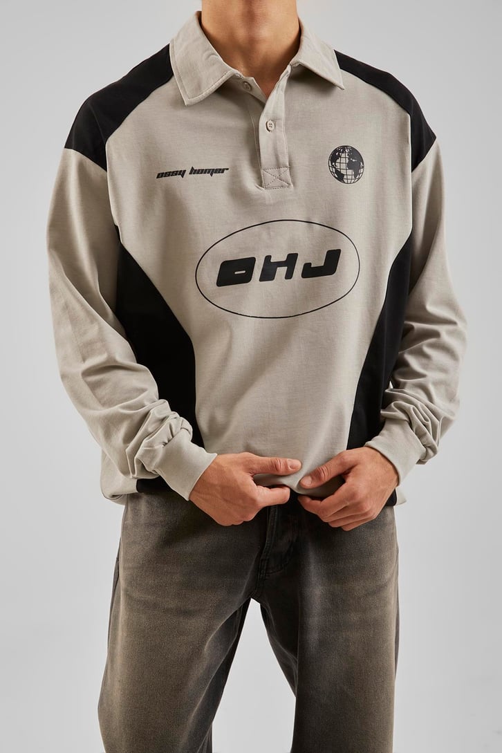 Ohj Baskılı Polo Yaka Buz Gri Long Sleeve Tişört