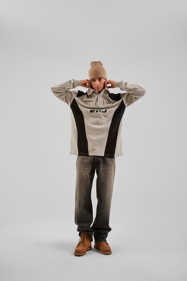 Ohj Baskılı Polo Yaka Buz Gri Long Sleeve Tişört