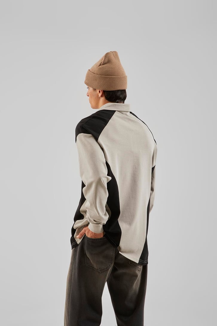 Ohj Baskılı Polo Yaka Buz Gri Long Sleeve Tişört
