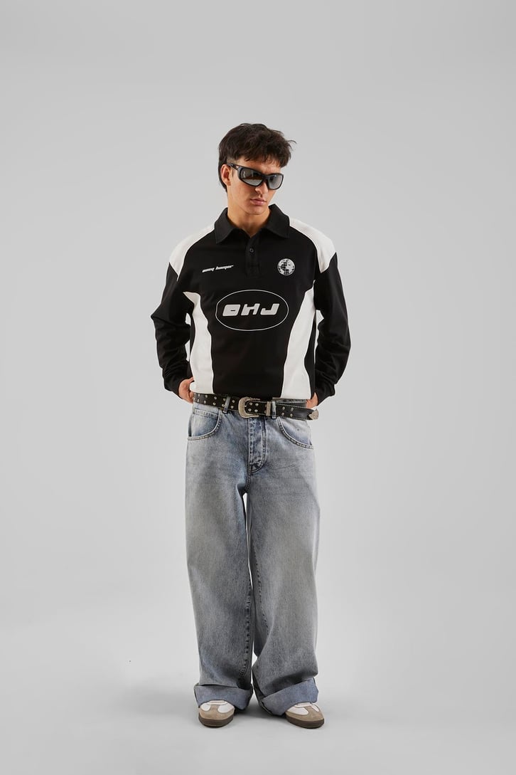 Ohj Baskılı Polo Yaka Siyah Long Sleeve Tişört