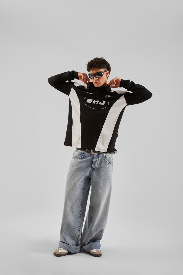 Ohj Baskılı Polo Yaka Siyah Long Sleeve Tişört