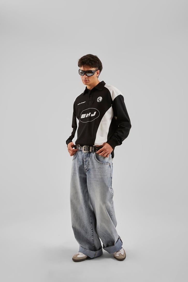 Ohj Baskılı Polo Yaka Siyah Long Sleeve Tişört