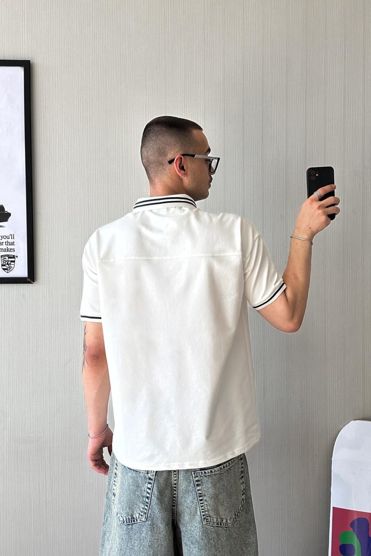 Old School Çizgi Polo Yaka Oversize Tişört