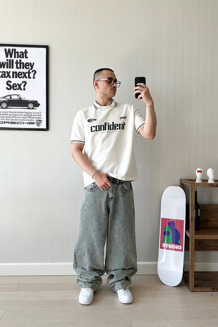Old School Çizgi Polo Yaka Oversize Tişört