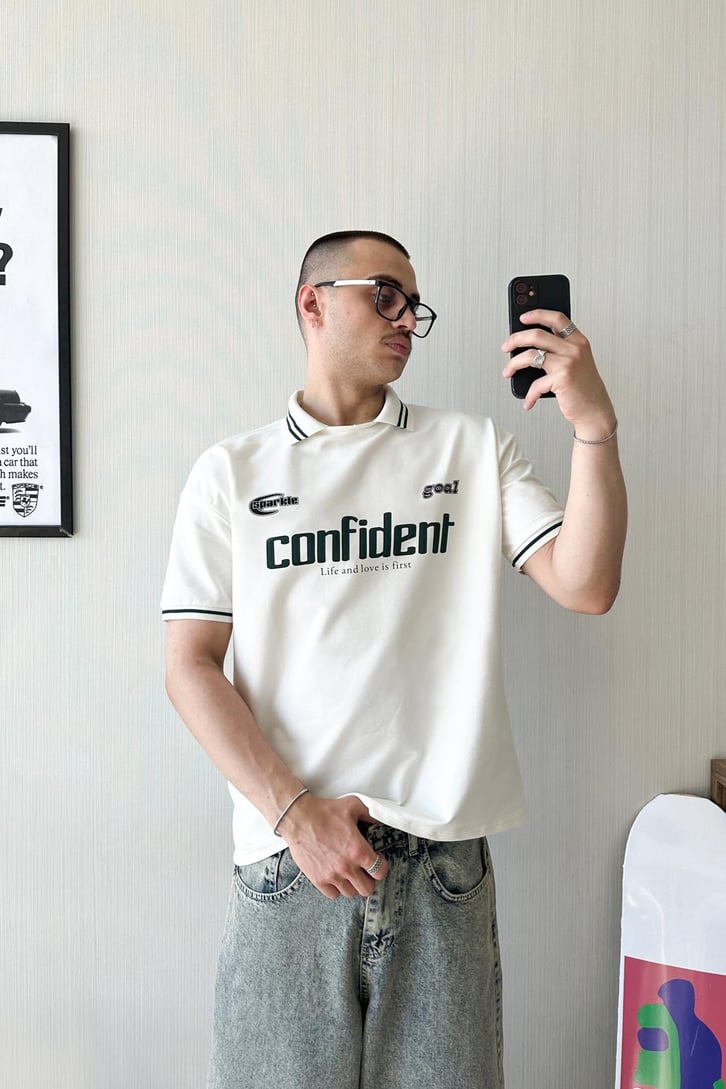 Old School Çizgi Polo Yaka Oversize Tişört