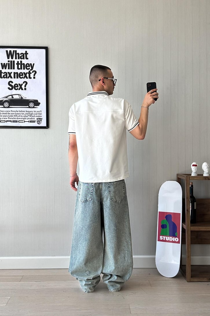 Old School Çizgi Polo Yaka Oversize Tişört