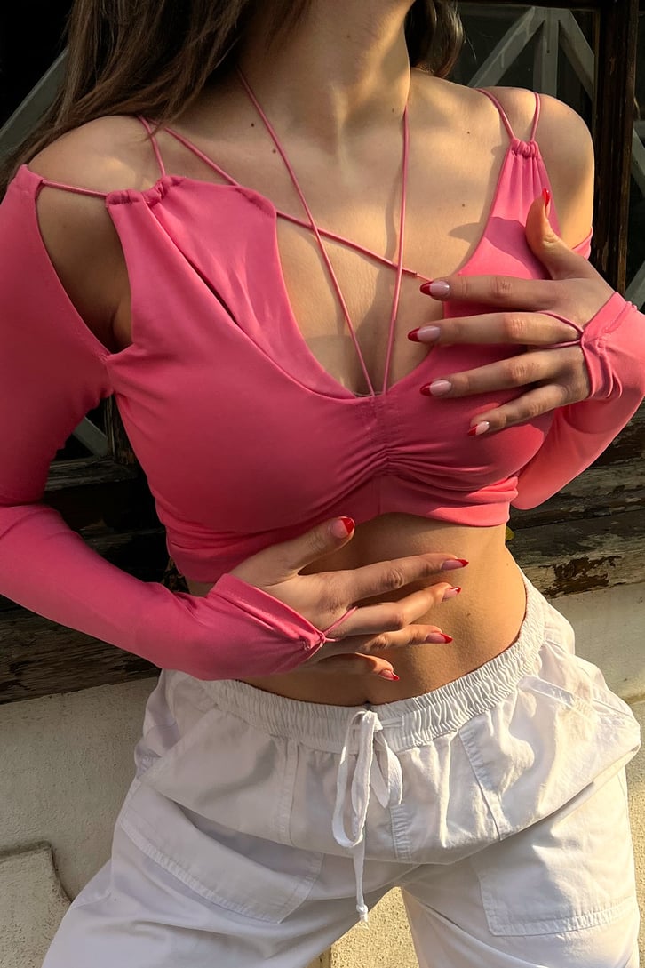 Omuz Dekolteli Fuşya Crop
