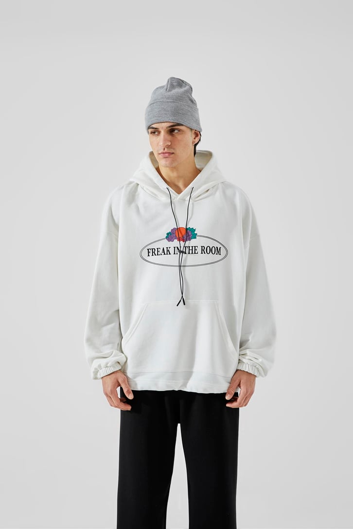 Ön Baskılı Beyaz Oversize Hoodie