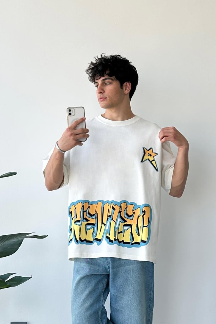 Ön Baskılı Ekru Oversize Tişört