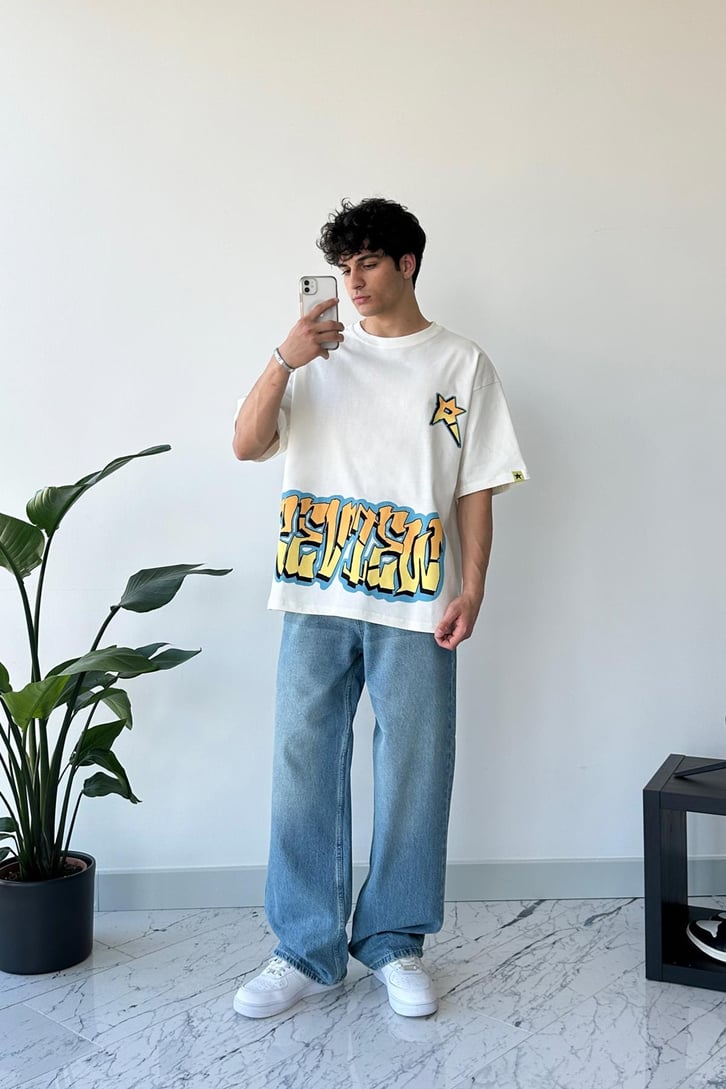 Ön Baskılı Ekru Oversize Tişört