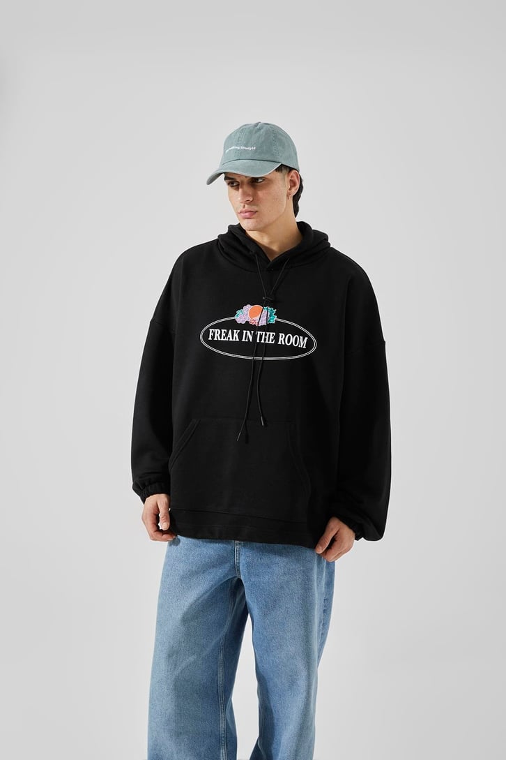 Ön Baskılı Siyah Oversize Hoodie