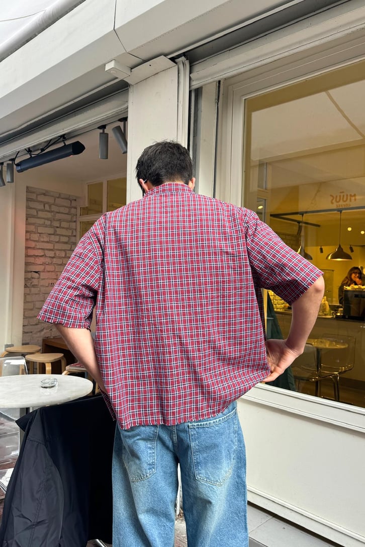 Ön Cep Detay Kısa Kollu Ekose Oversize Gömlek