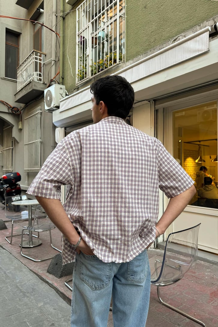 Ön Cep Detay Kısa Kollu Ekose Oversize Gömlek
