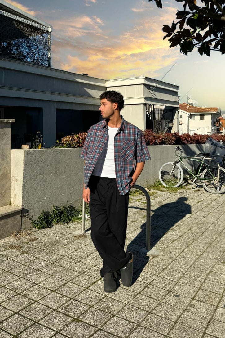 Ön Cep Detay Kısa Kollu Ekose Oversize Gömlek