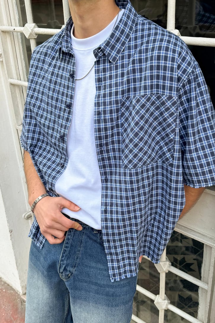 Ön Cep Detay Kısa Kollu Ekose Oversize Gömlek