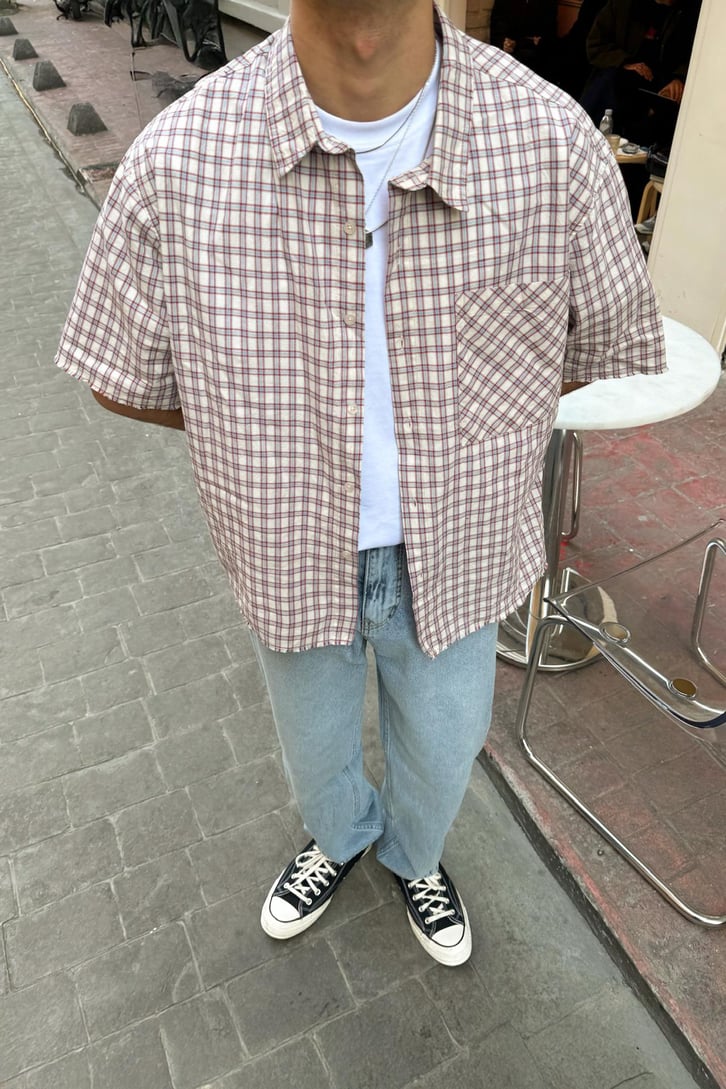 Ön Cep Detay Kısa Kollu Ekose Oversize Gömlek