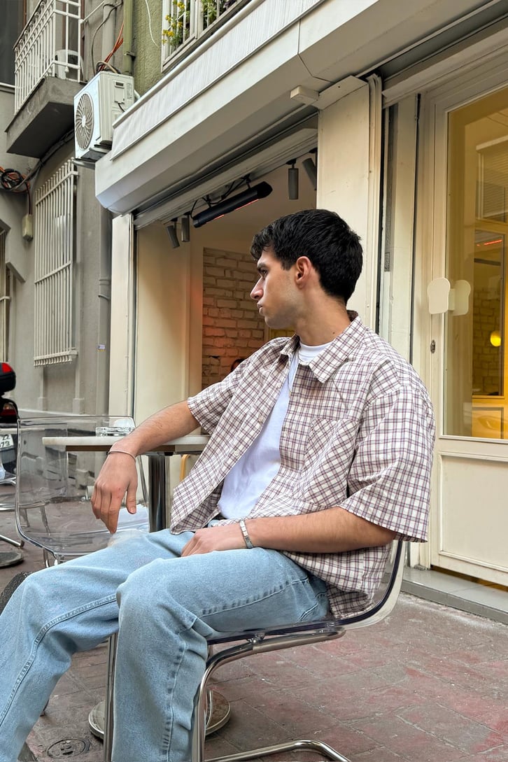 Ön Cep Detay Kısa Kollu Ekose Oversize Gömlek