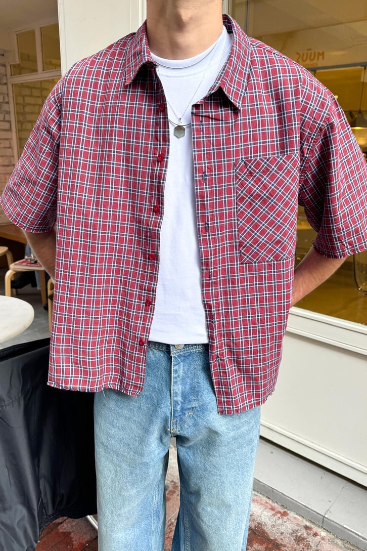 Ön Cep Detay Kısa Kollu Ekose Oversize Gömlek