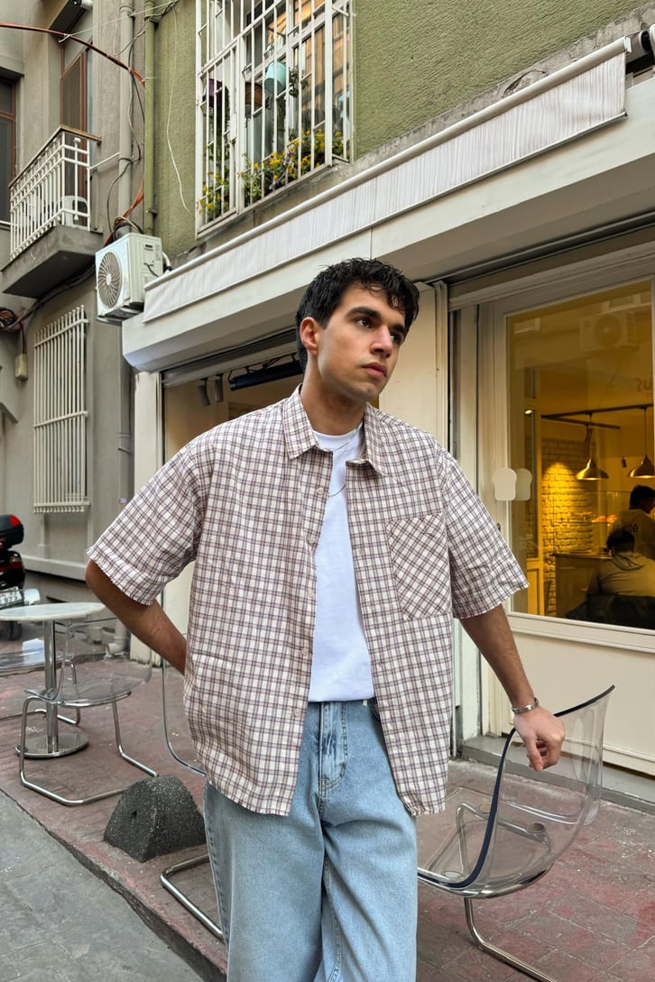 Ön Cep Detay Kısa Kollu Ekose Oversize Gömlek
