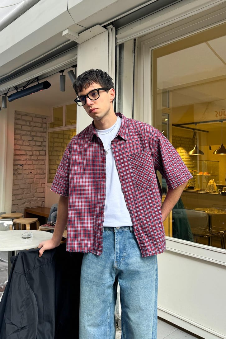 Ön Cep Detay Kısa Kollu Ekose Oversize Gömlek
