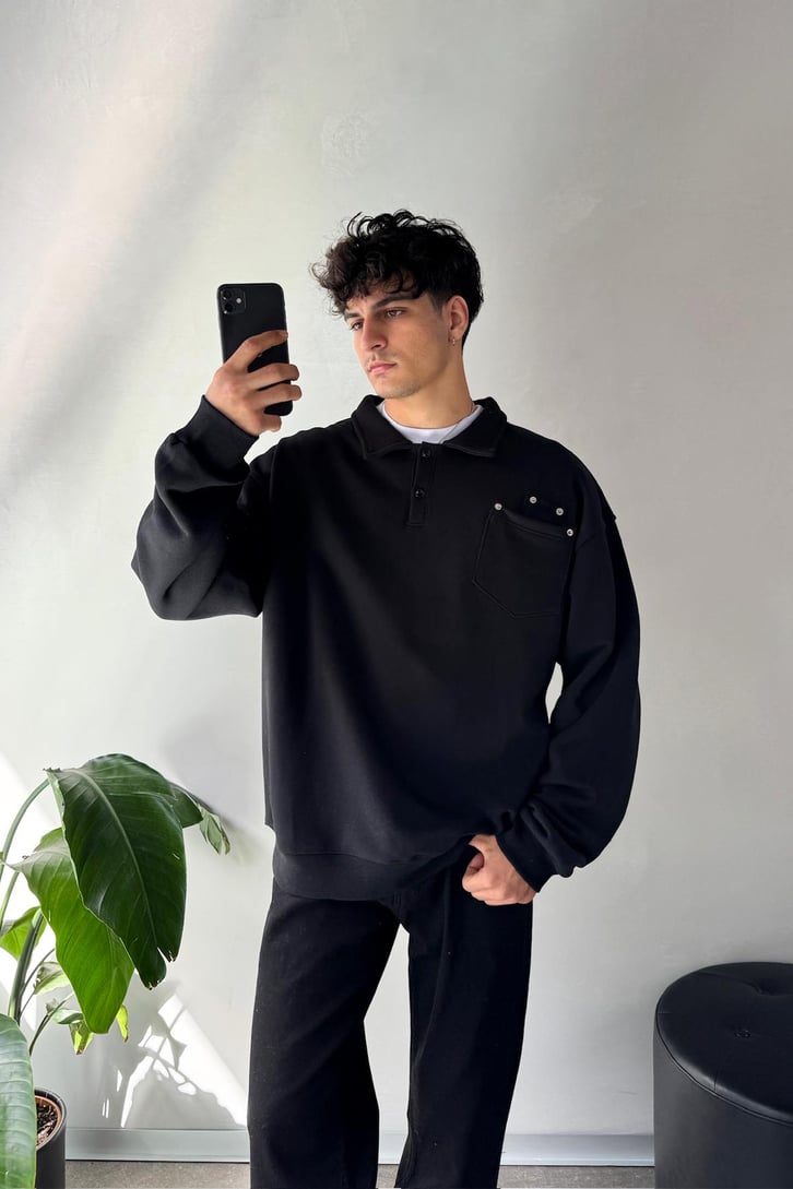 Ön Cep Detaylı Polo Yaka Sweatshirt