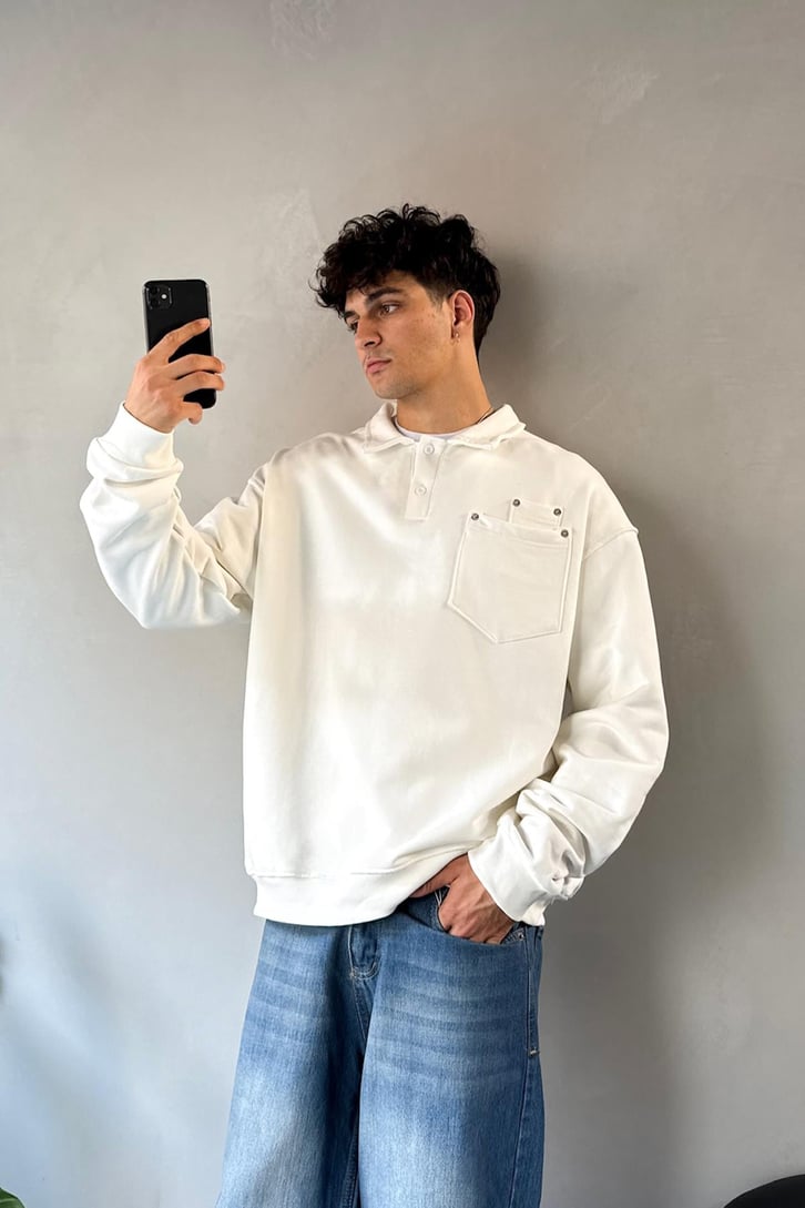Ön Cep Detaylı Polo Yaka Sweatshirt