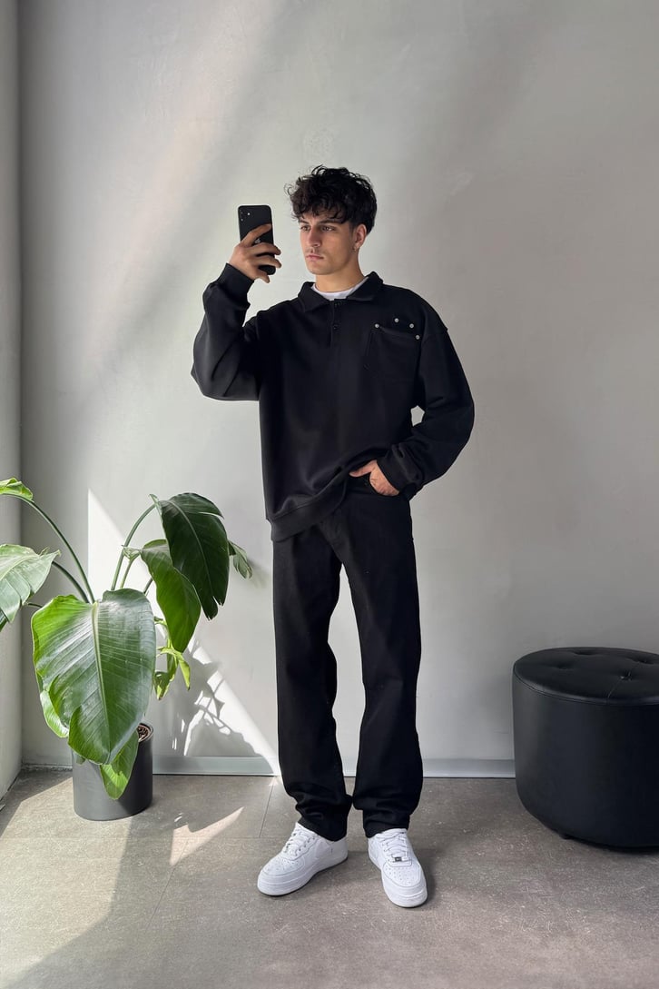 Ön Cep Detaylı Polo Yaka Sweatshirt