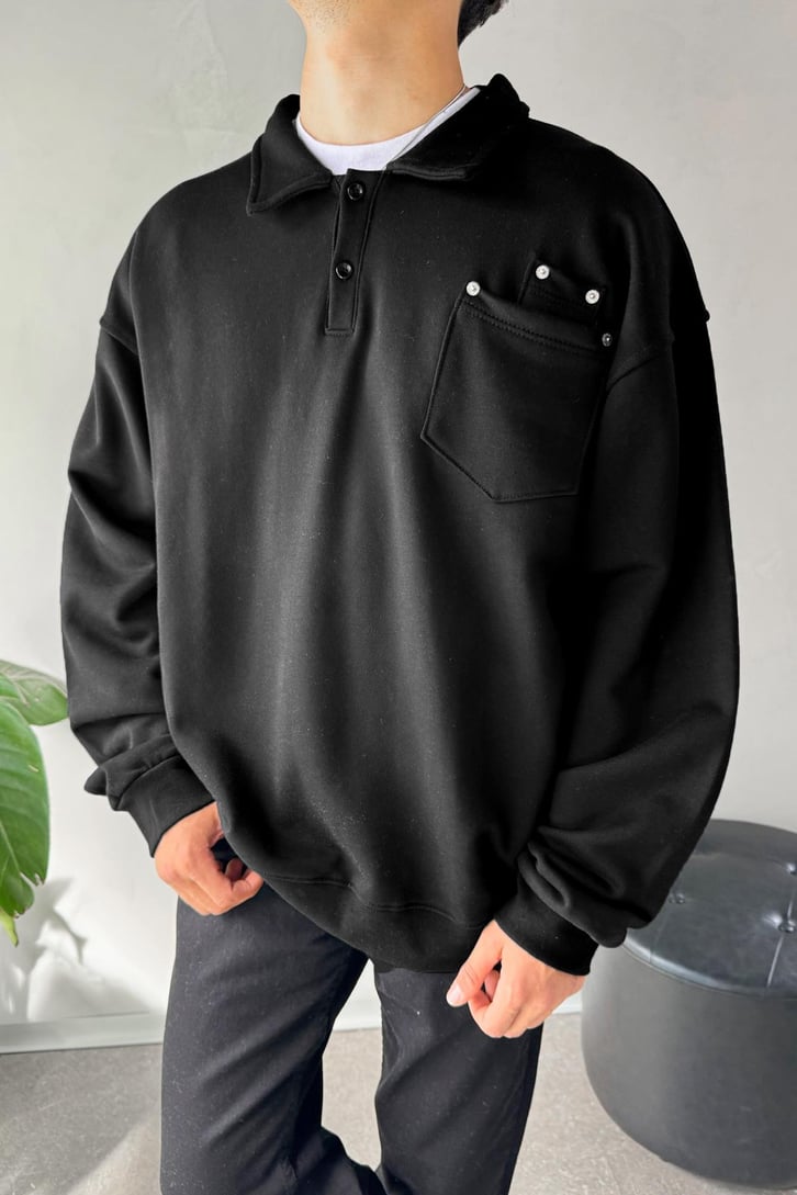 Ön Cep Detaylı Polo Yaka Sweatshirt