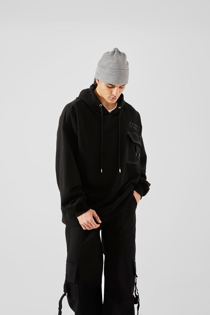 Ön Cepli Siyah Oversize Hoodie