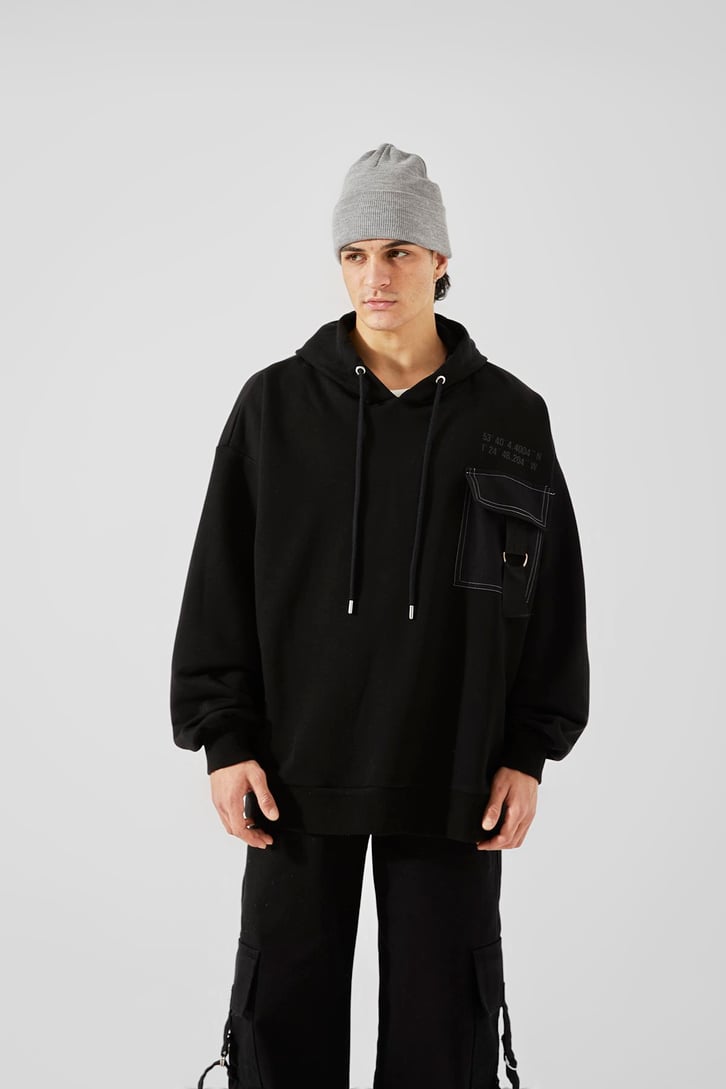 Ön Cepli Siyah Oversize Hoodie