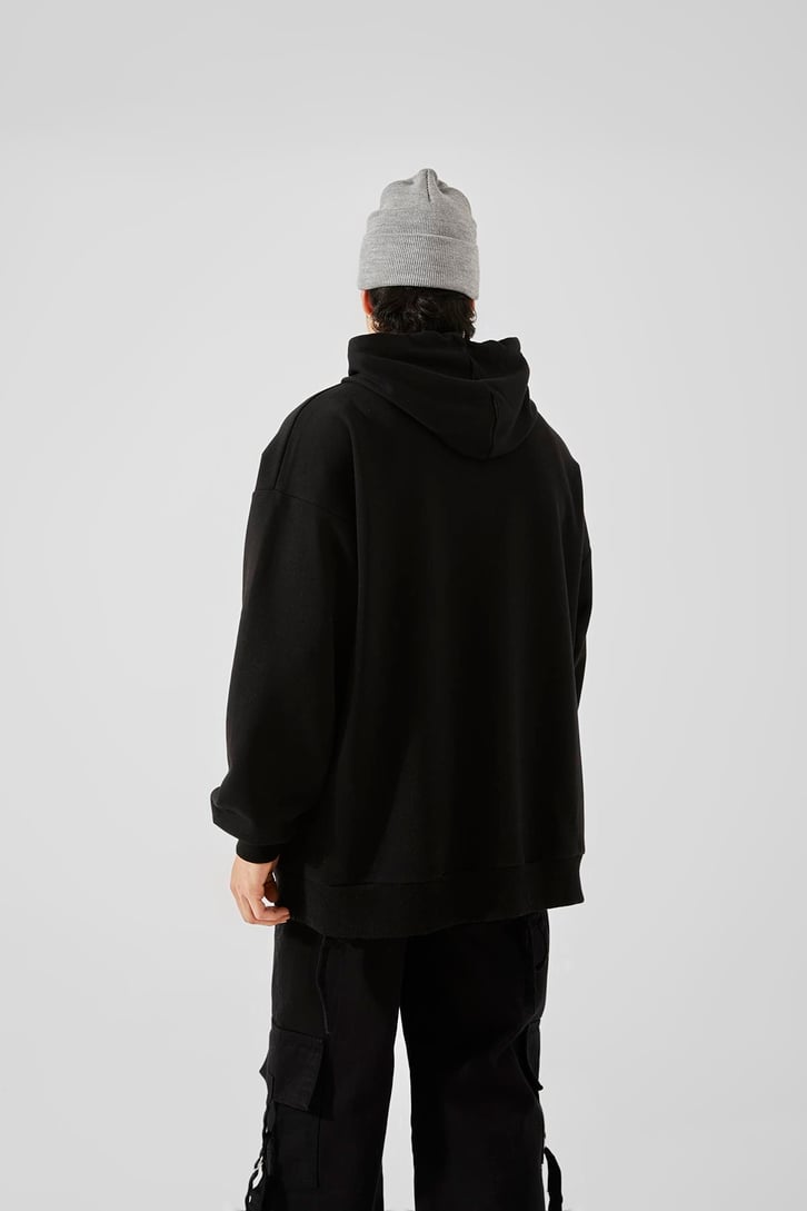 Ön Cepli Siyah Oversize Hoodie