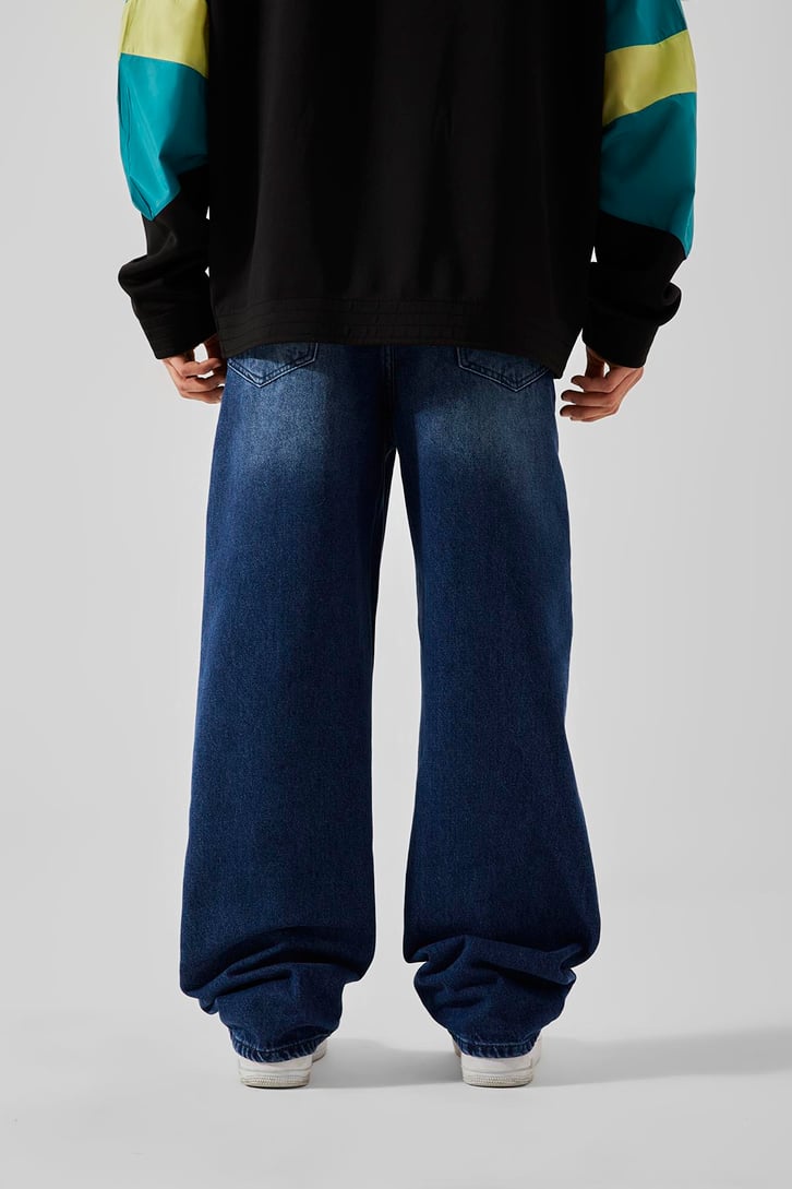 Ön Dikiş Detaylı Koyu Mavi Baggy Jean