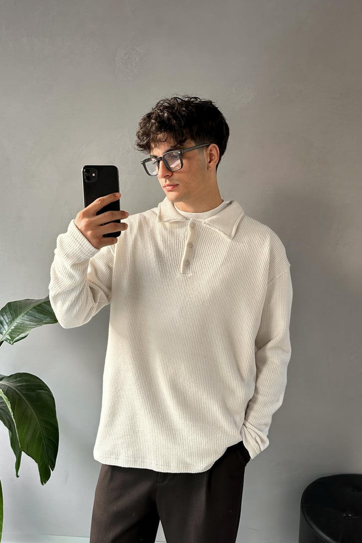 Ön Düğmeli Oversize Polo Yaka Sweatshirt