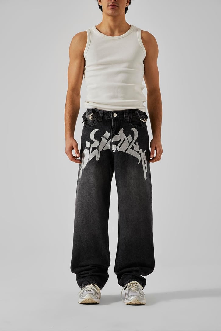 Ön Nakış Detaylı Acid Wash Baggy Jean
