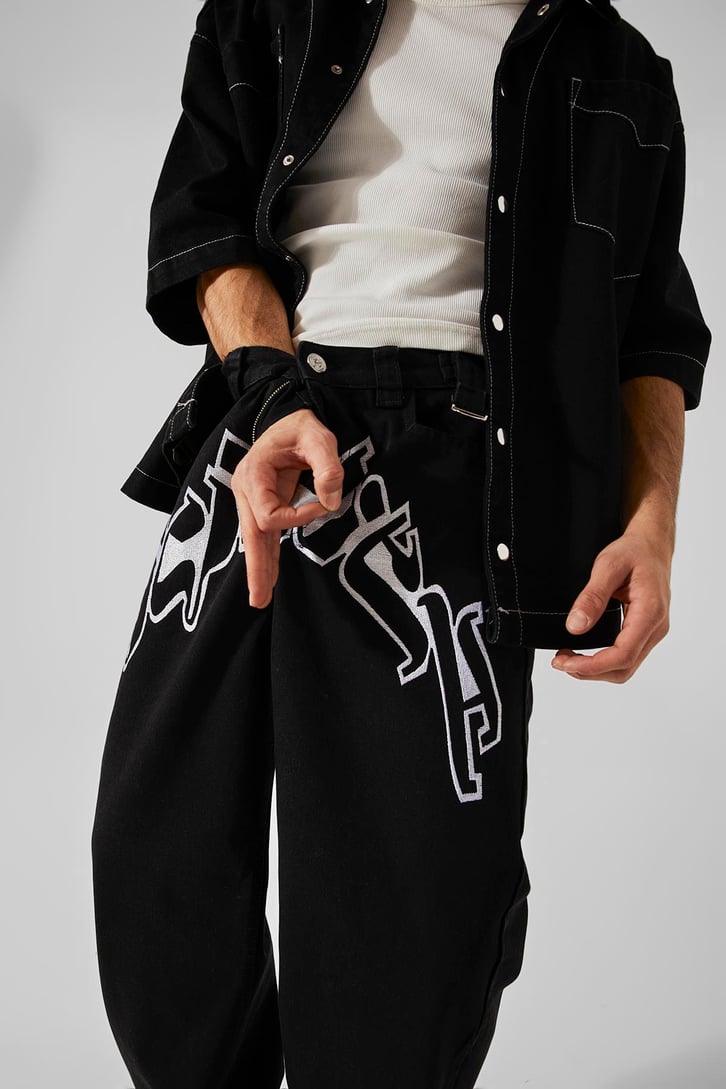 Ön Nakışlı Acid Wash Baggy Jean