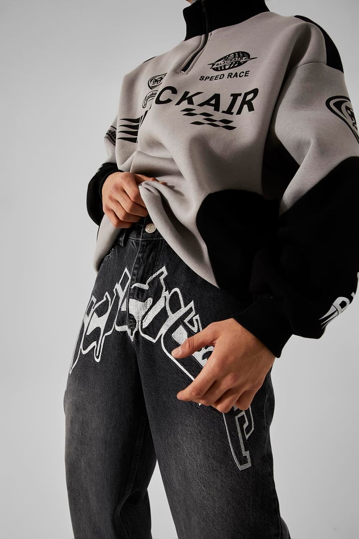 Ön Nakışlı Acid Wash Baggy Jean