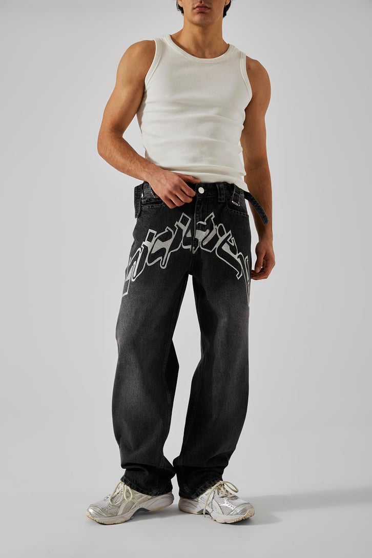 Ön Nakışlı Acid Wash Baggy Jean
