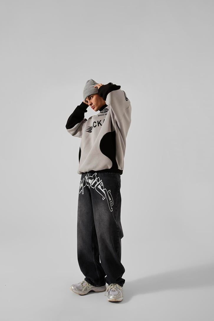 Ön Nakışlı Acid Wash Baggy Jean