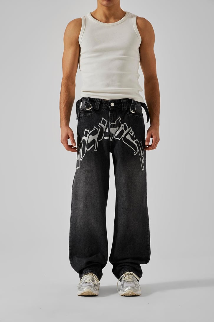 Ön Nakışlı Acid Wash Baggy Jean