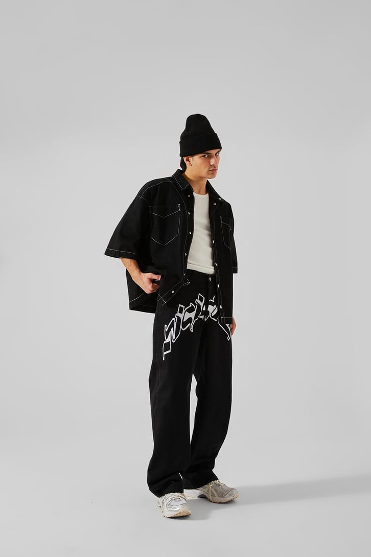 Ön Nakışlı Acid Wash Baggy Jean