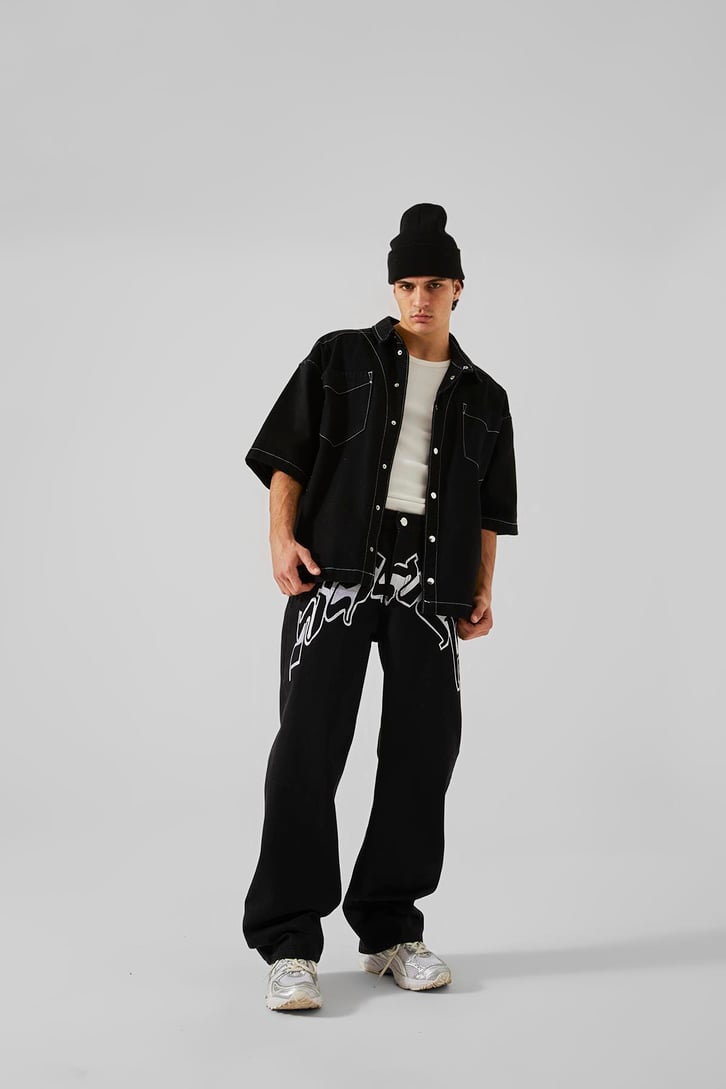 Ön Nakışlı Acid Wash Baggy Jean