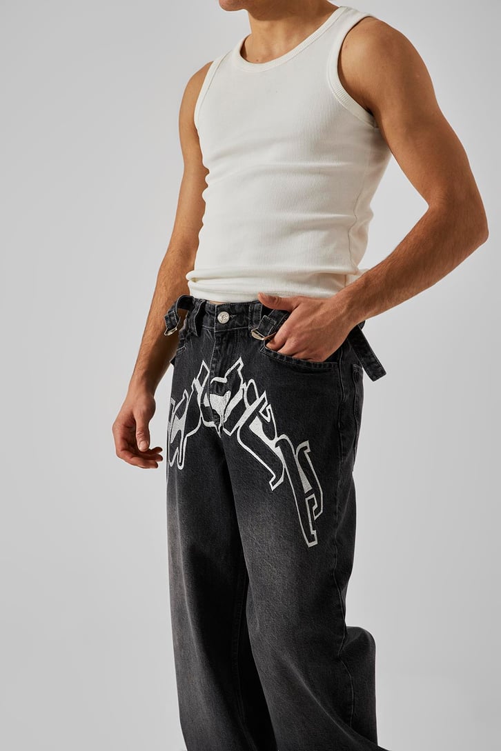 Ön Nakışlı Acid Wash Baggy Jean