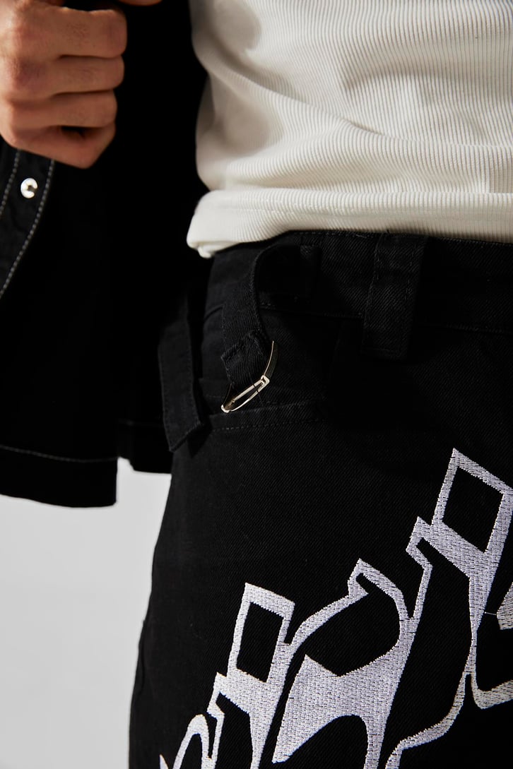 Ön Nakışlı Acid Wash Baggy Jean