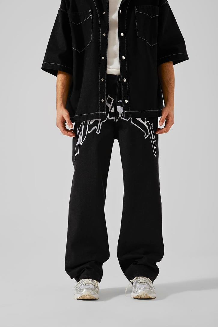 Ön Nakışlı Acid Wash Baggy Jean