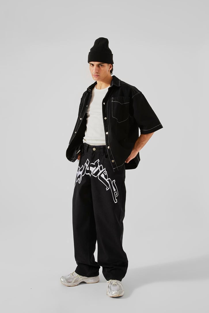 Ön Nakışlı Siyah Baggy Jean