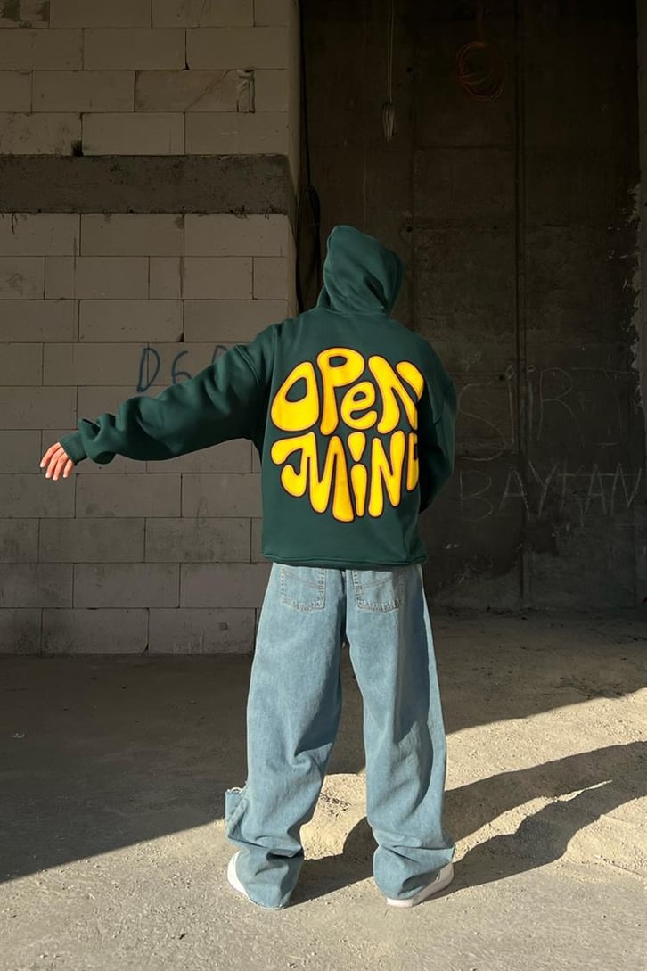 Open Mind Sırt Baskılı Yeşil Oversize Hoodie